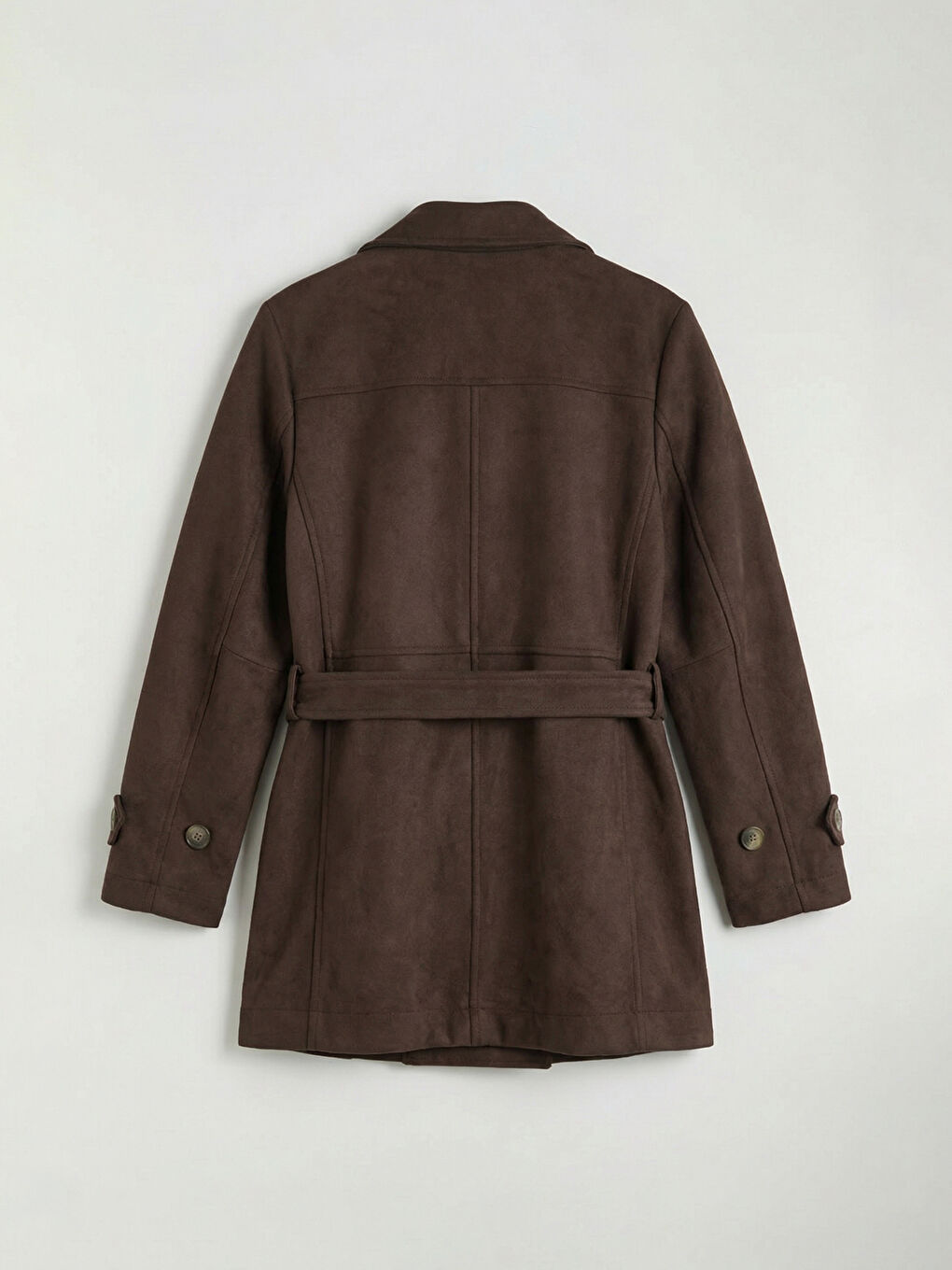 Kahverengi Kruvaze Yaka Süet Görünümlü Kadın Trençkot-6