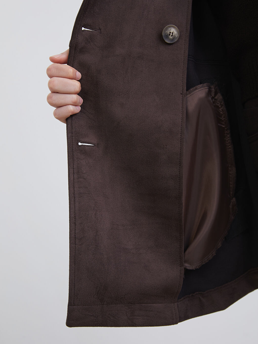 Kahverengi Kruvaze Yaka Süet Görünümlü Kadın Trençkot-2