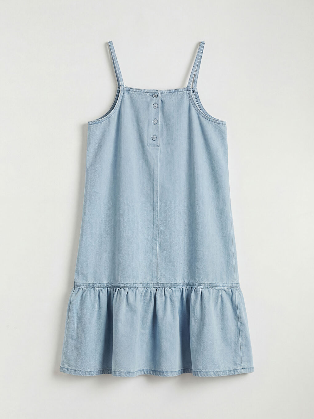 İndigo Kare Yaka Fiyonk Detaylı Kız Çocuk Jean Elbise-1