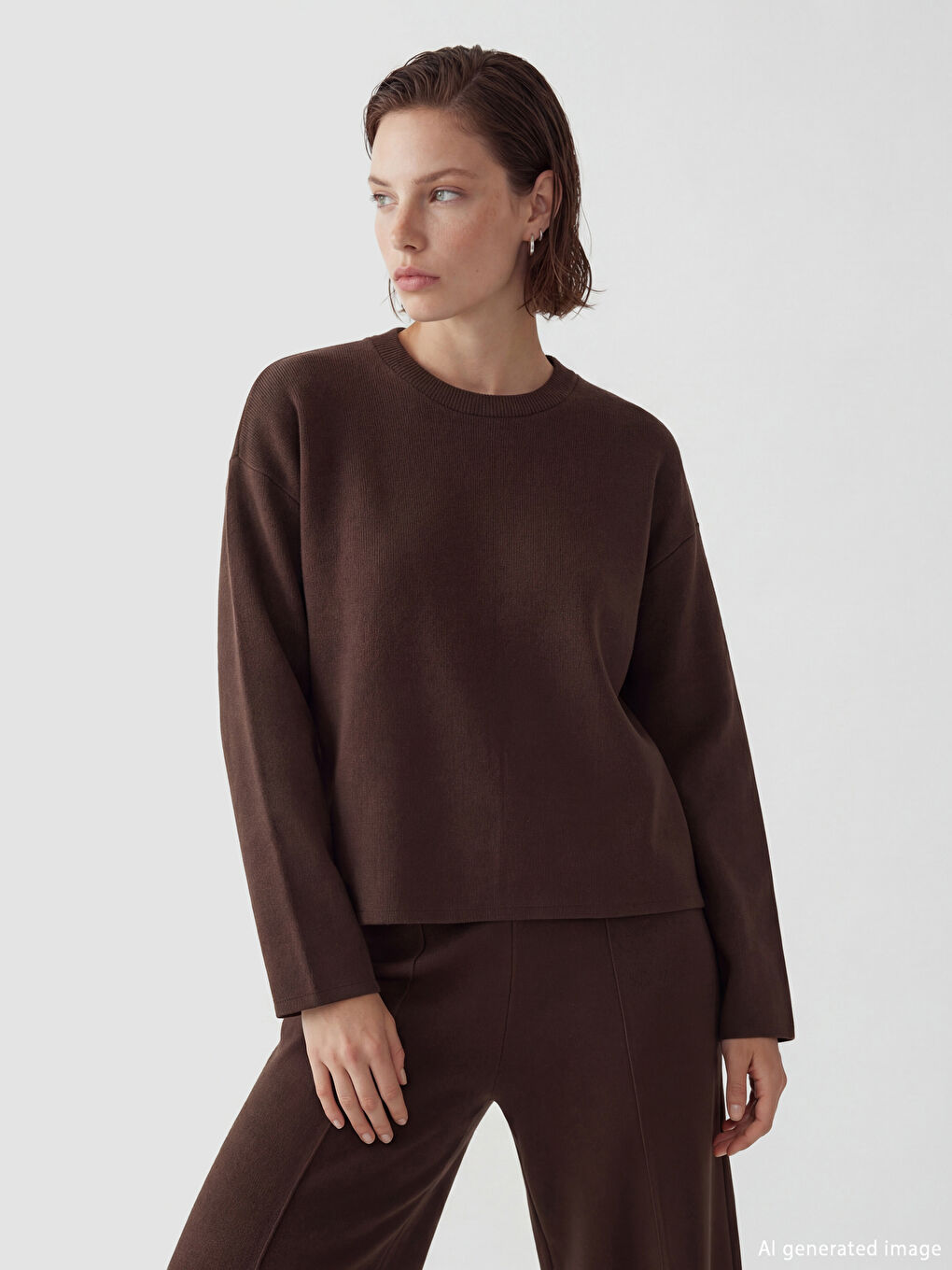 Kahverengi Bisiklet Yaka Kadın Sweatshirt