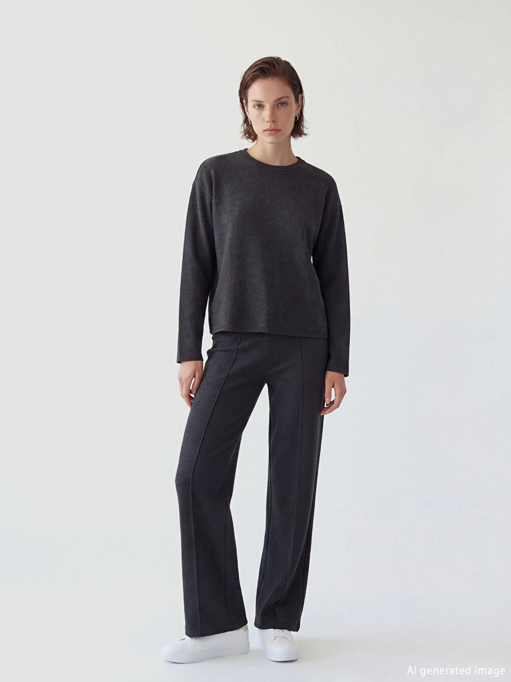 Antrasit Beli Lastikli Geniş Paça Kadın Pantolon