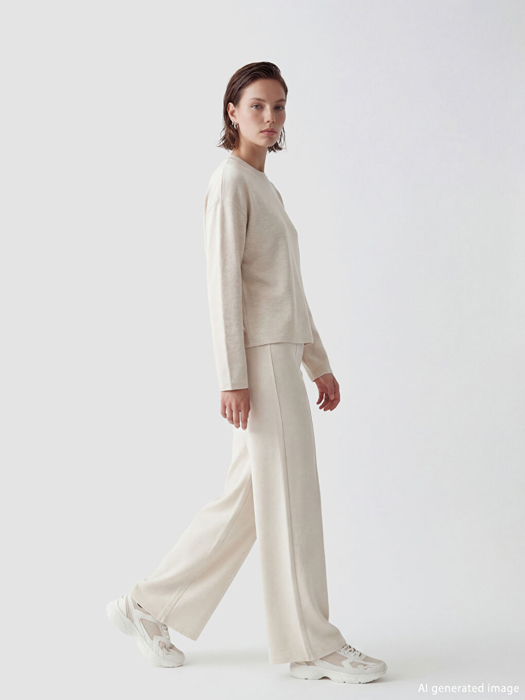 Bej Beli Lastikli Geniş Paça Kadın Pantolon