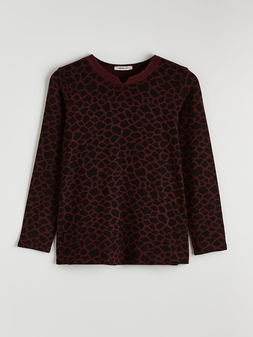 Bordo Kaçık Yaka Leopar Desenli Kadın Tişört