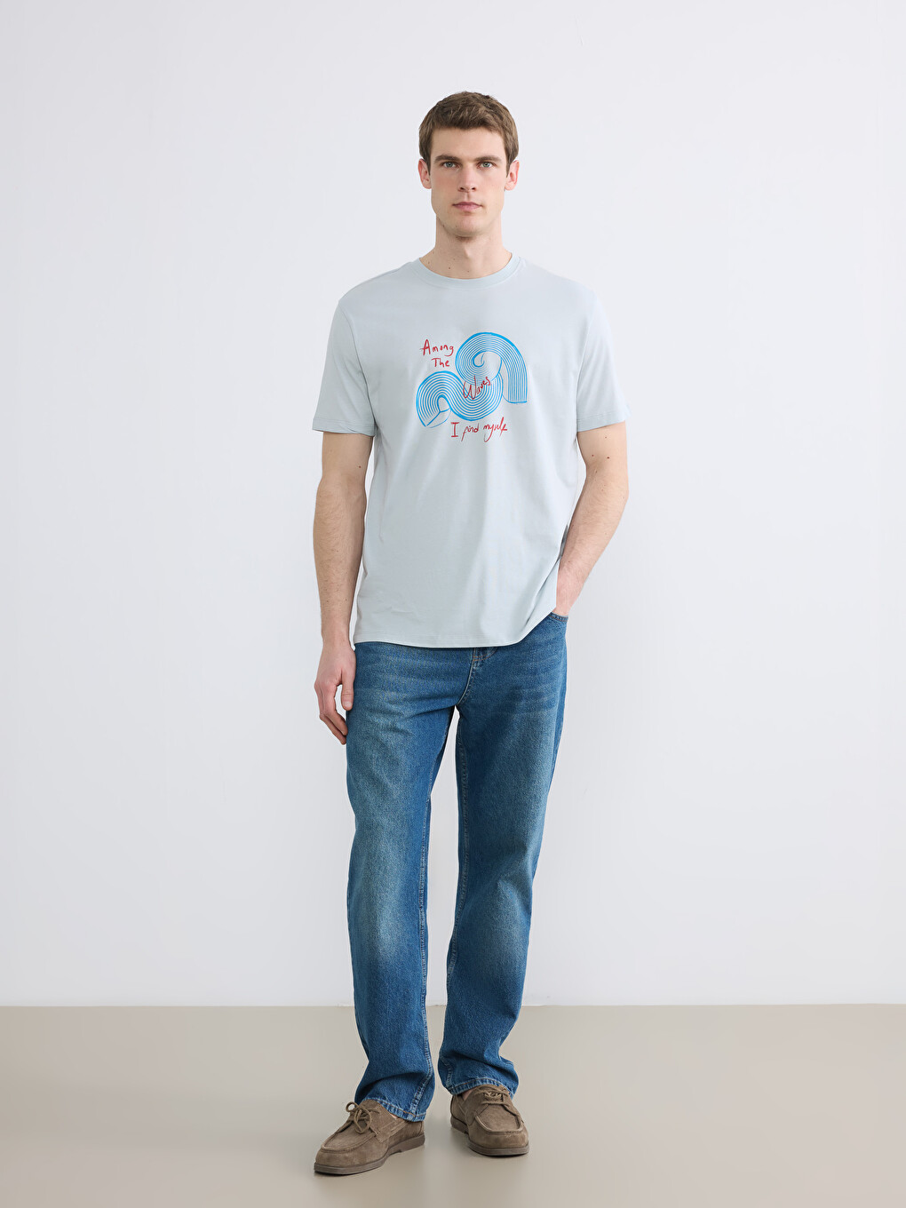 Gri Bisiklet Yaka Baskılı Erkek Tişört-1