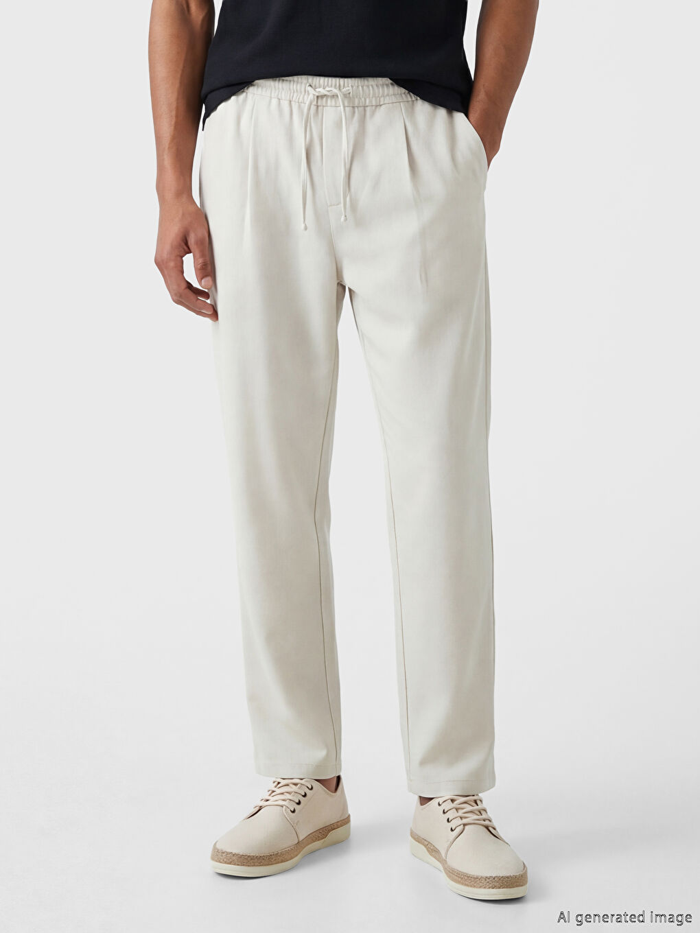 Bej Standart Kalıp Pileli Erkek Pantolon-1