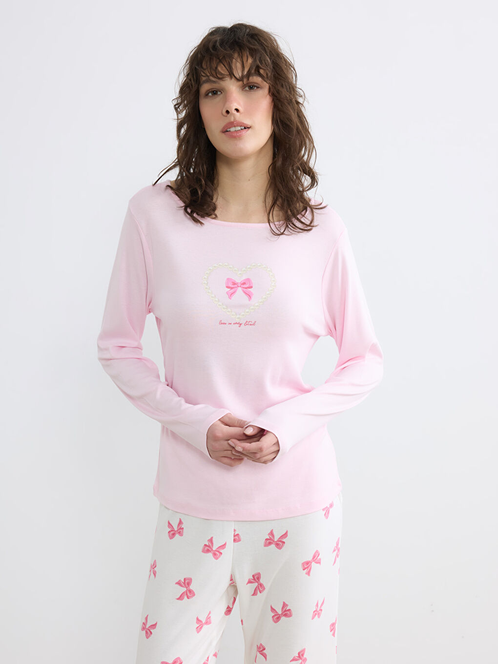 Ekru Bisiklet Yaka Boncuk Baskılı Kadın Pijama Takımı-1