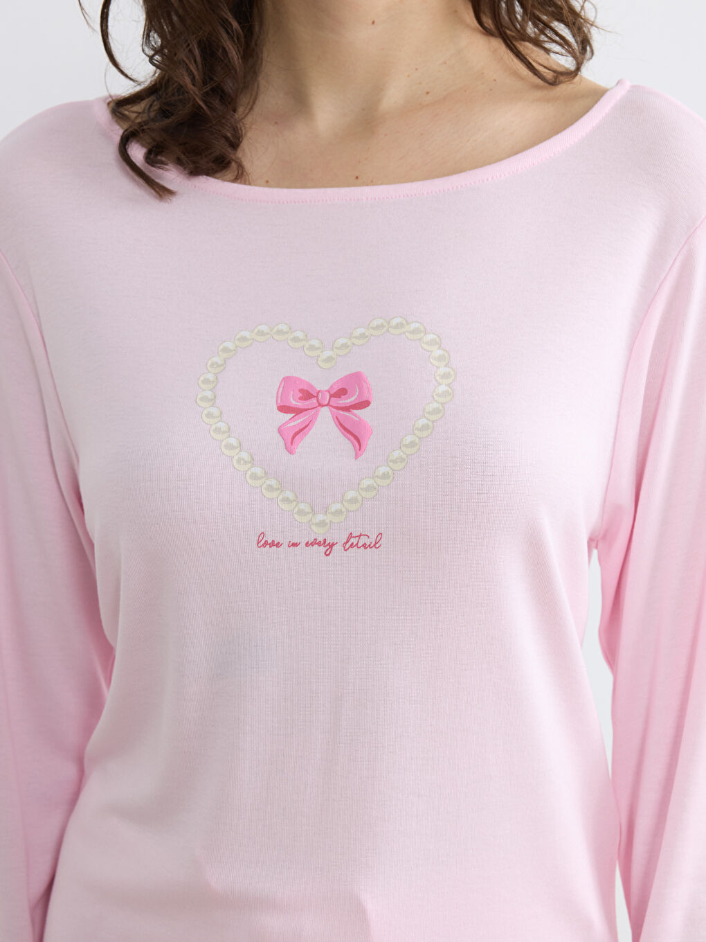 Ekru Bisiklet Yaka Boncuk Baskılı Kadın Pijama Takımı-2