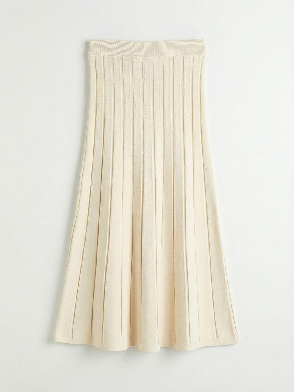 Ekru Beli Lastikli Triko Kloş Etek-4