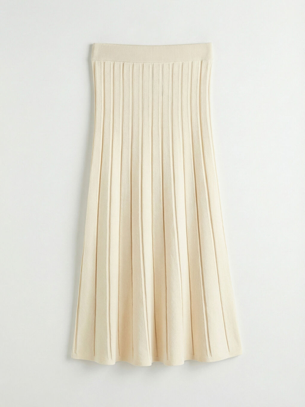 Ekru Beli Lastikli Triko Kloş Etek-5