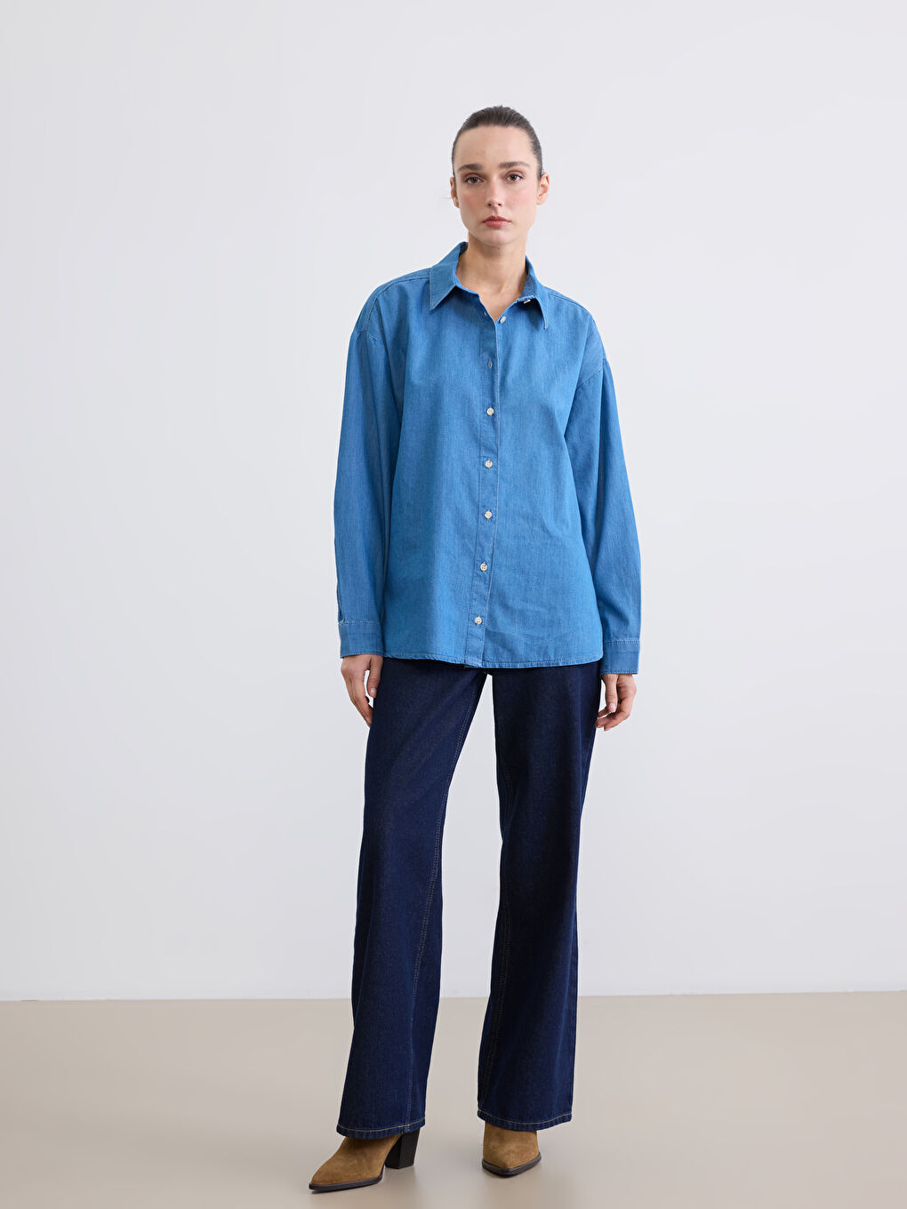 İndigo Oversize Kadın Jean Gömlek-1