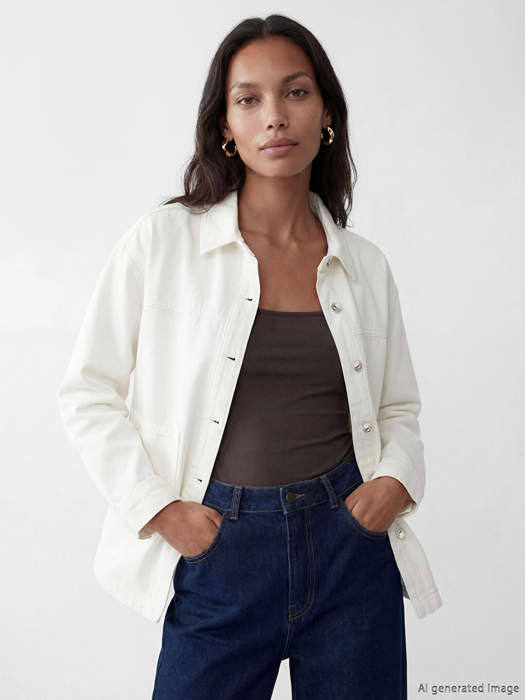 Beyaz Gömlek Yaka Oversize Kadın Jean Ceket