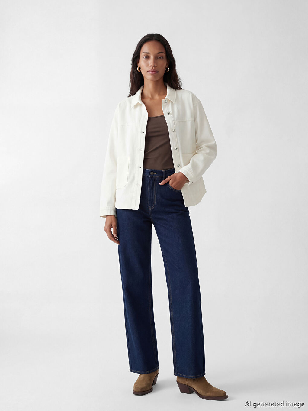 Beyaz Gömlek Yaka Oversize Kadın Jean Ceket-1