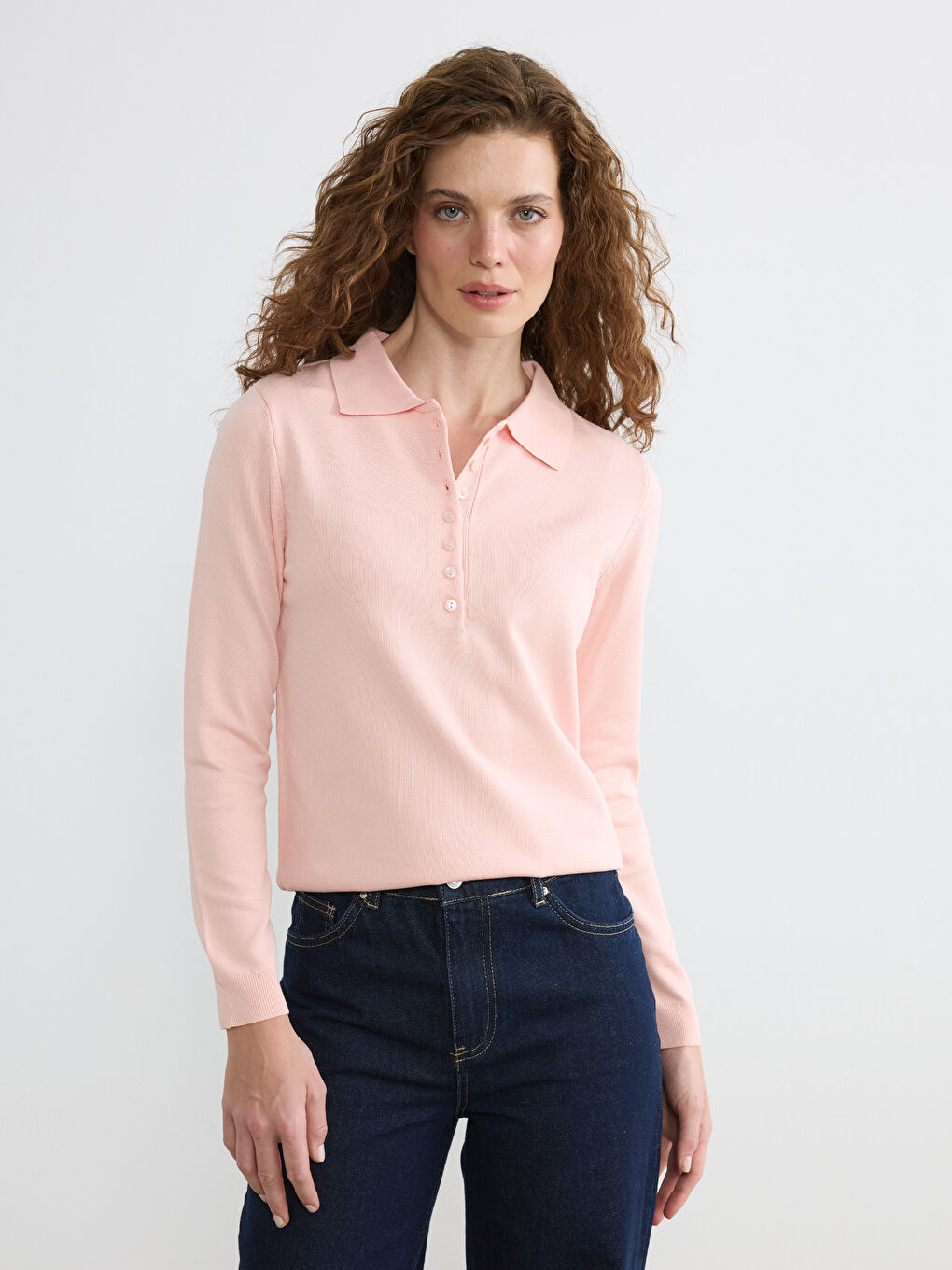 Pembe Polo Yaka Kadın Triko Kazak	