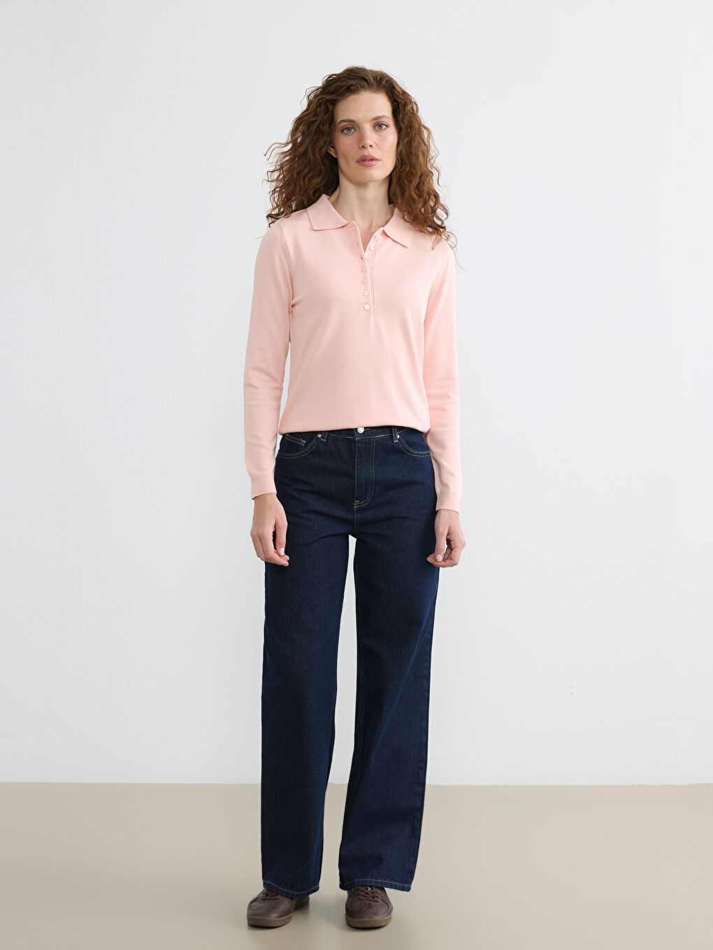 Pembe Polo Yaka Kadın Triko Kazak	-1