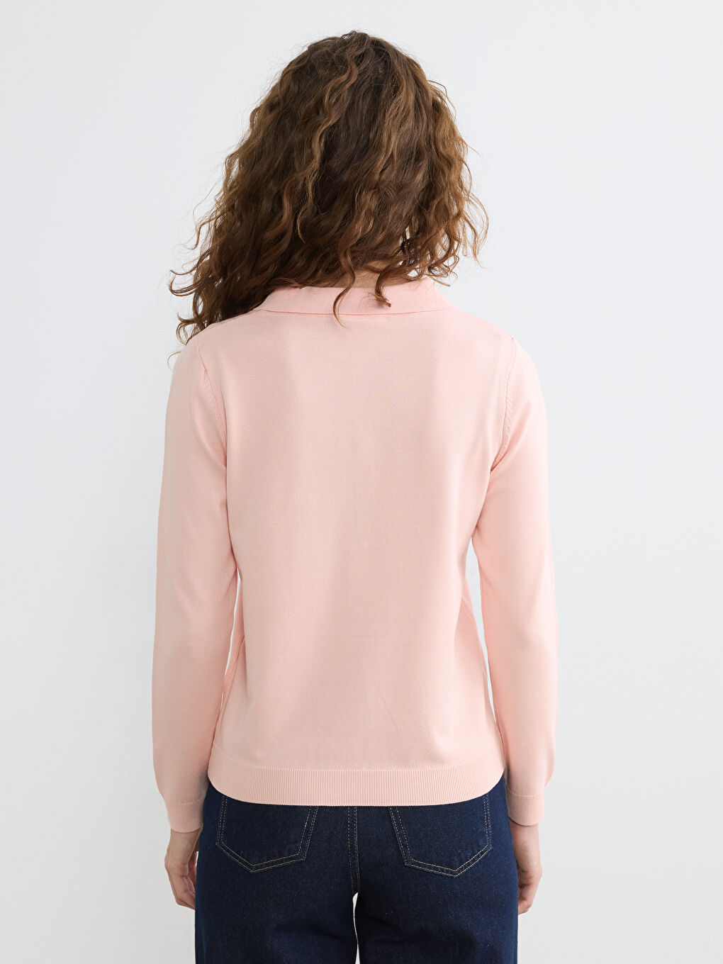 Pembe Polo Yaka Kadın Triko Kazak	-3