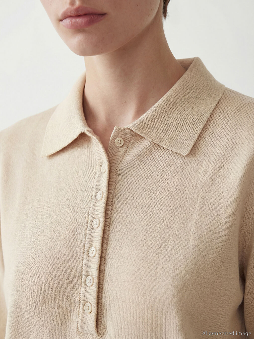 Bej Polo Yaka Kadın Triko Kazak-2