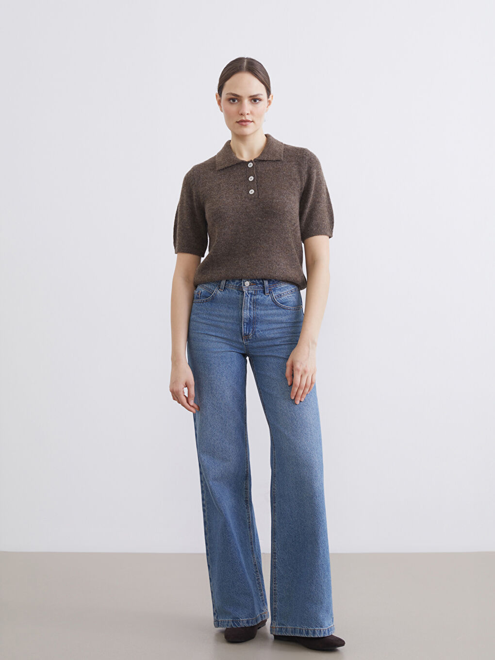 Kahverengi Polo Yaka Kadın Triko Kazak-1