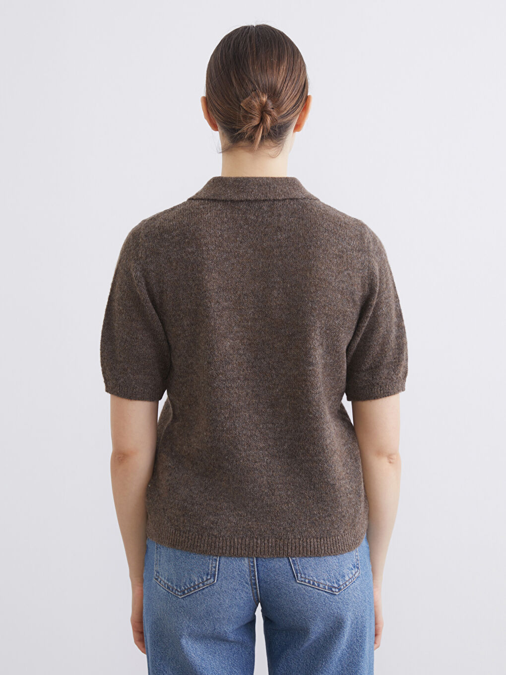 Kahverengi Polo Yaka Kadın Triko Kazak-3