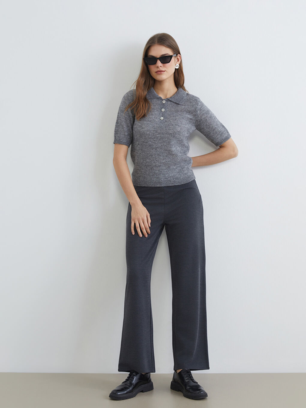 Gri Polo Yaka Kadın Triko Kazak-1