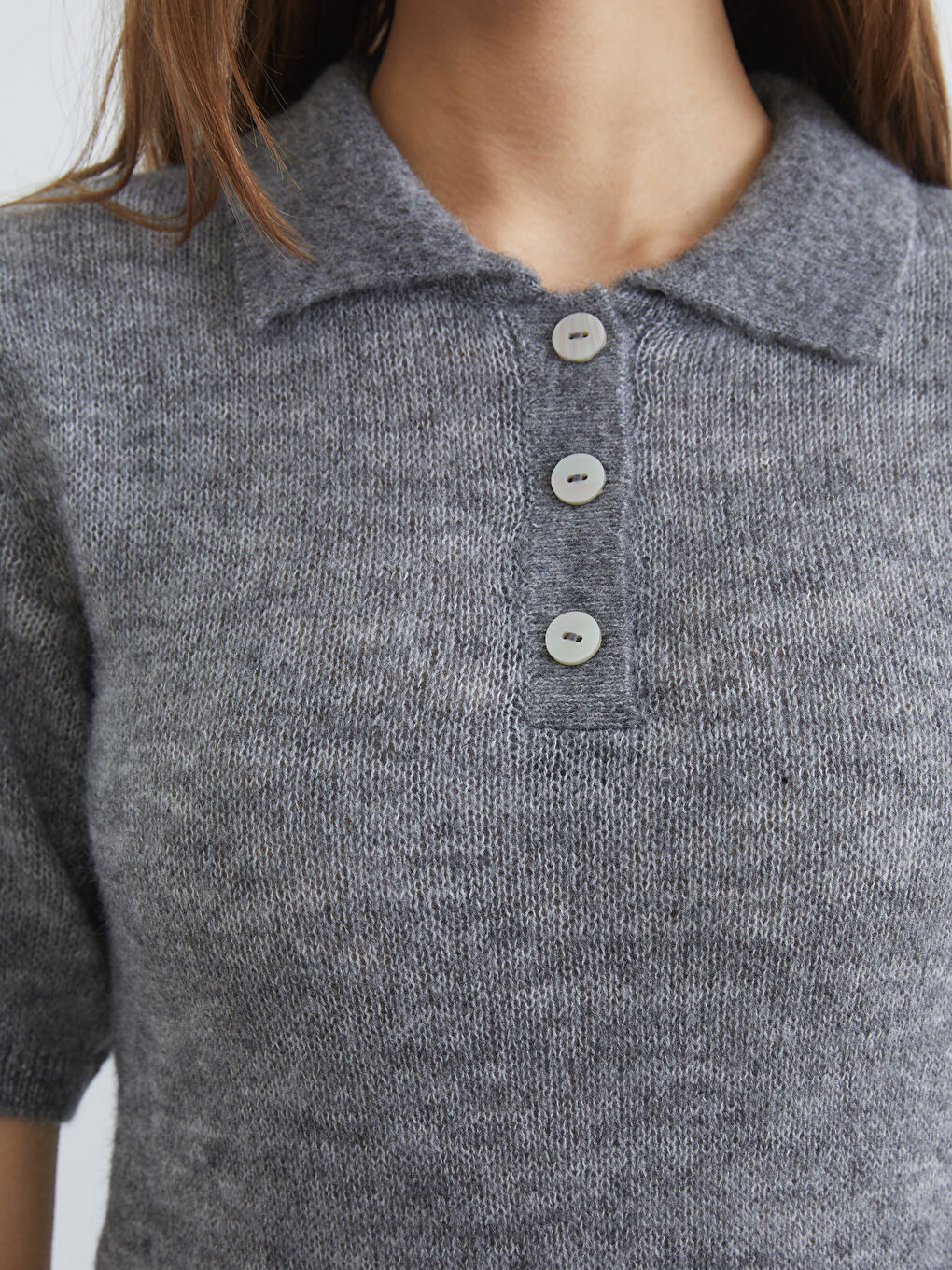 Gri Polo Yaka Kadın Triko Kazak-2