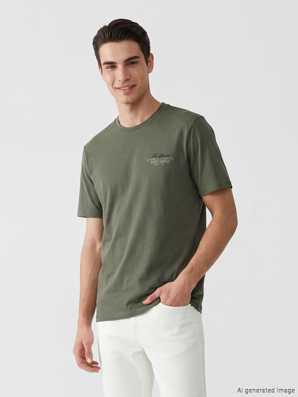 Yeşil Bisiklet Yaka Baskılı Erkek Tişört