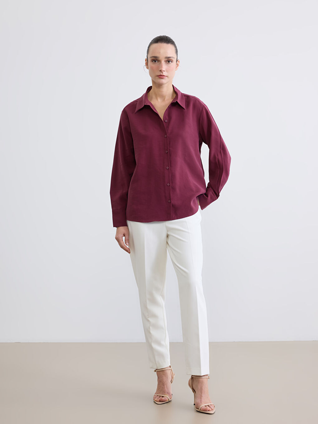 Bordo Loose Fit Kadın Gömlek-1