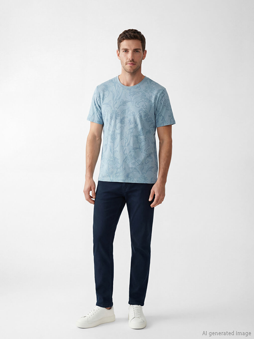 Mavi Bisiklet Yaka Desenli Erkek Tişört-1