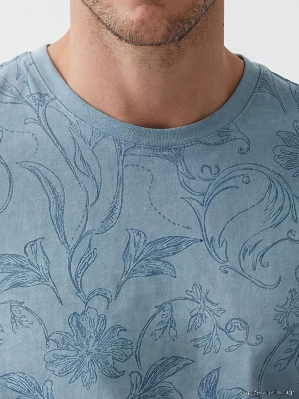 Mavi Bisiklet Yaka Desenli Erkek Tişört-2