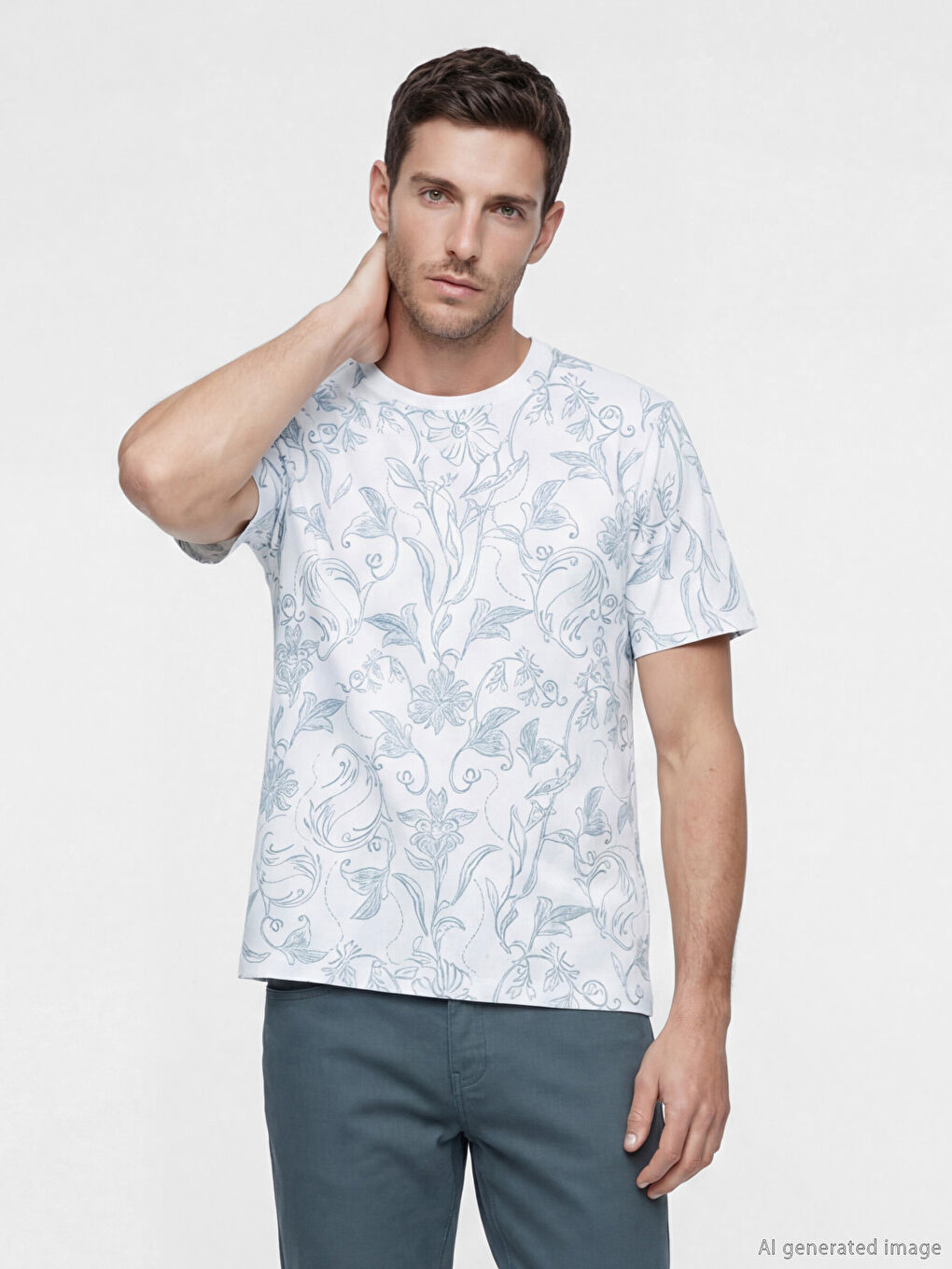 Beyaz Bisiklet Yaka Desenli Erkek Tişört