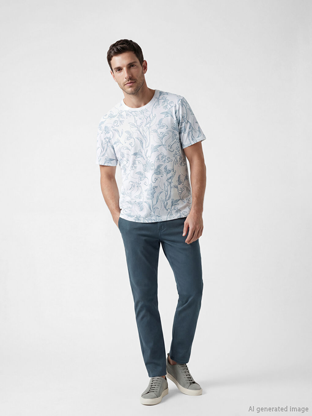 Beyaz Bisiklet Yaka Desenli Erkek Tişört-1