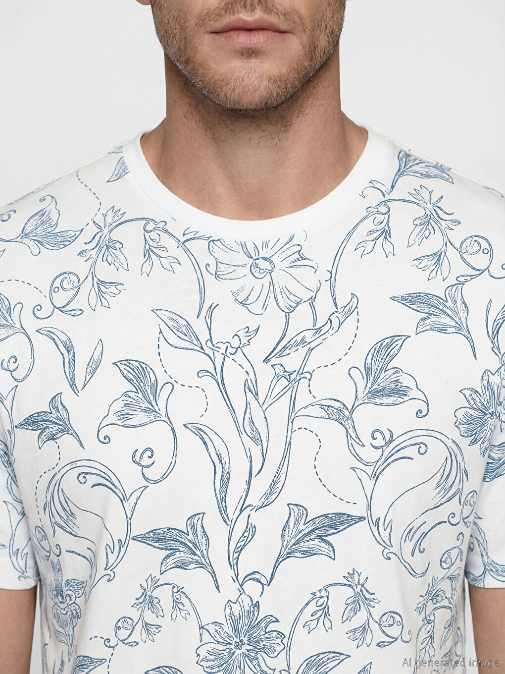 Beyaz Bisiklet Yaka Desenli Erkek Tişört-2