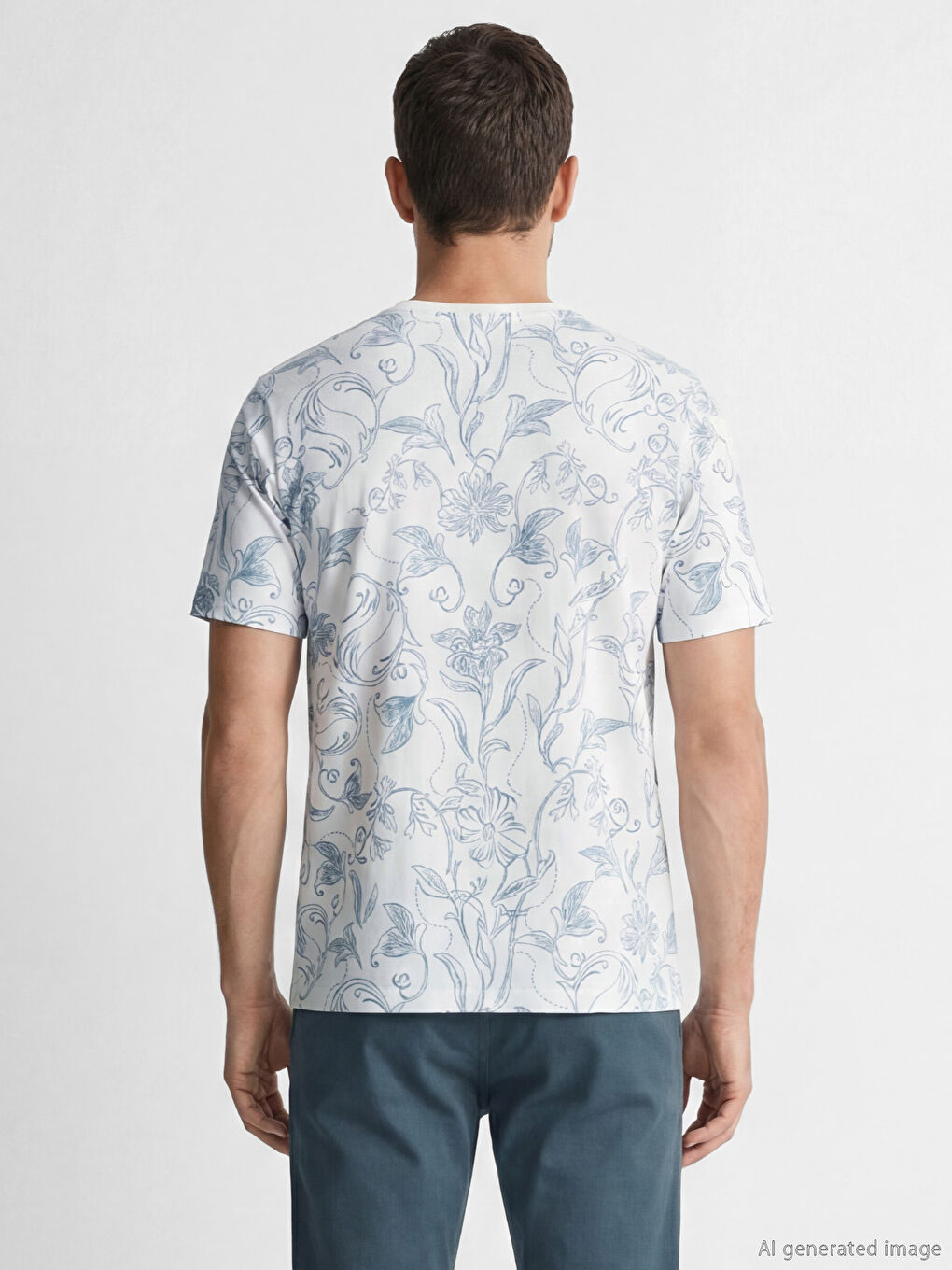 Beyaz Bisiklet Yaka Desenli Erkek Tişört-3