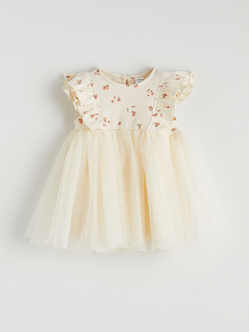 Ekru Çiçekli Fırfırlı Kız Bebek Tütü Elbise