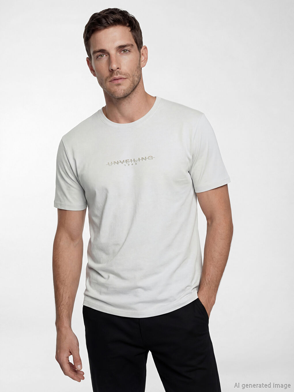 Gri Bisiklet Yaka Baskılı Erkek Tişört