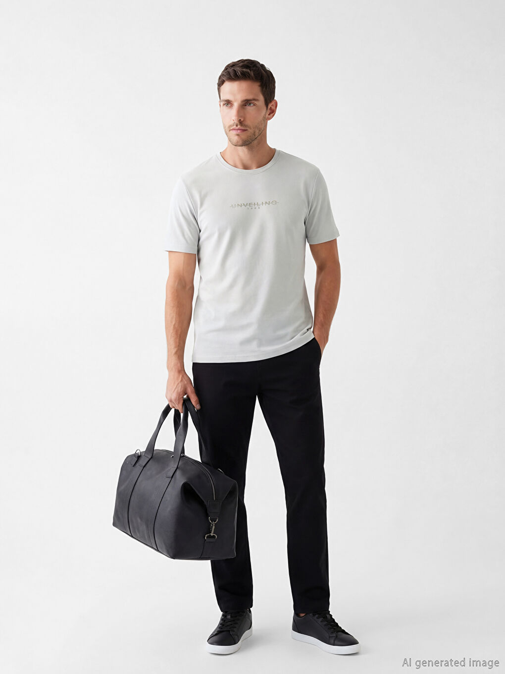 Gri Bisiklet Yaka Baskılı Erkek Tişört-1