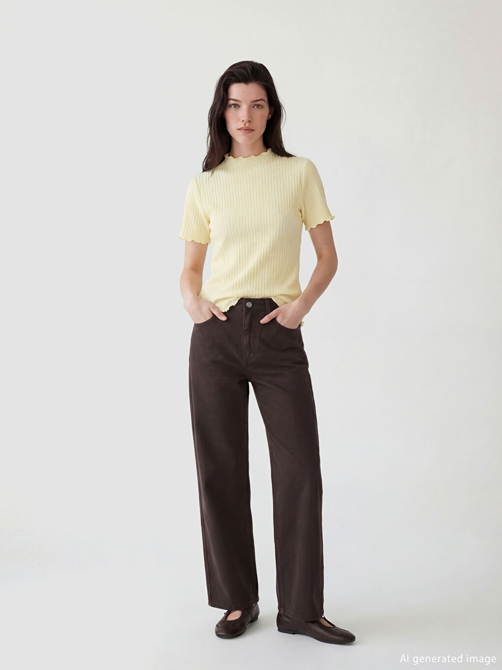 Kahverengi Standart Fit Geniş Paça Kadın Pantolon