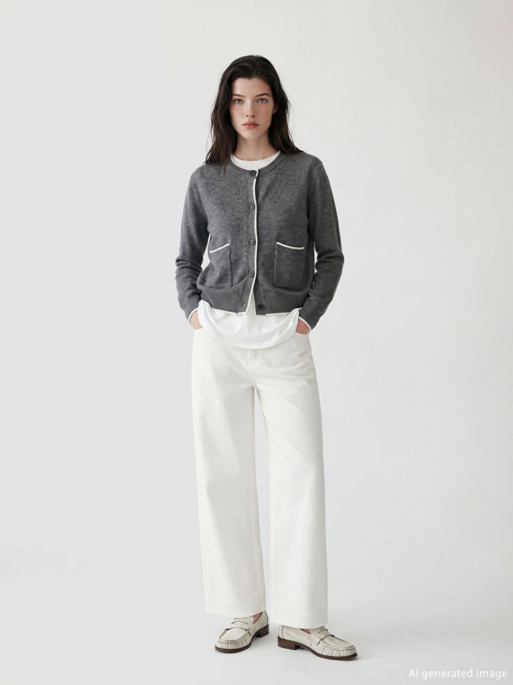 Beyaz Standart Fit Geniş Paça Kadın Pantolon