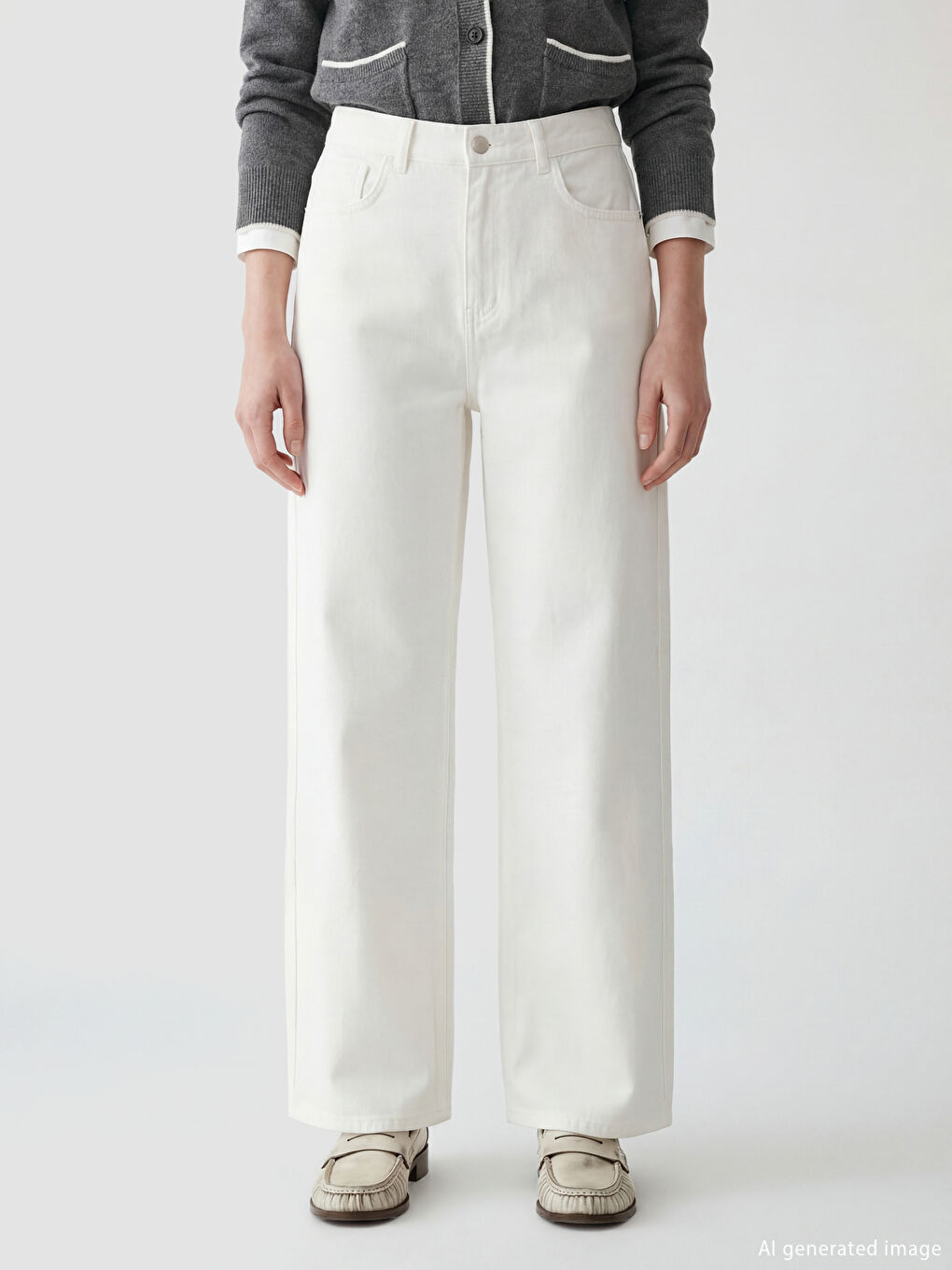 Beyaz Standart Fit Geniş Paça Kadın Pantolon-1