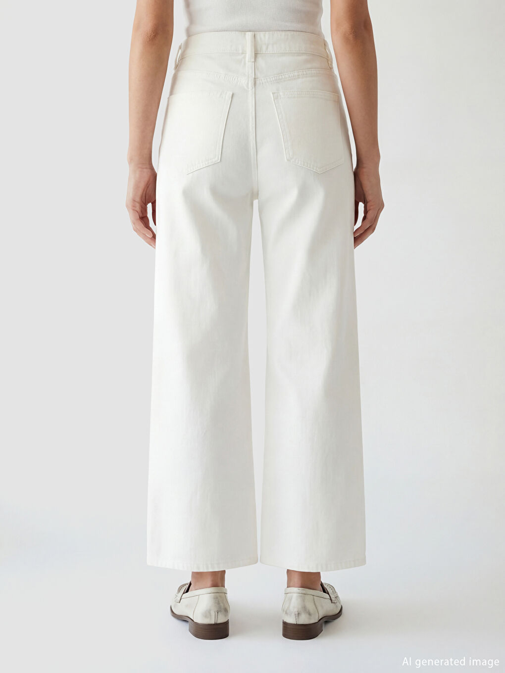 Beyaz Standart Fit Geniş Paça Kadın Pantolon-3
