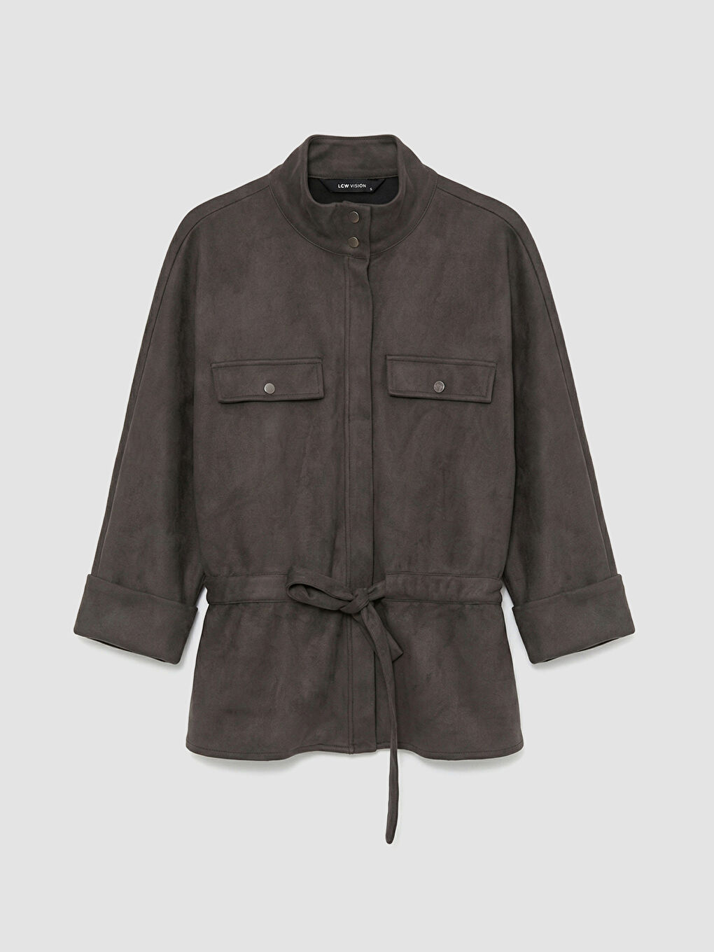 Gri Dik Yaka Kadın Süet Görünümlü Ceket