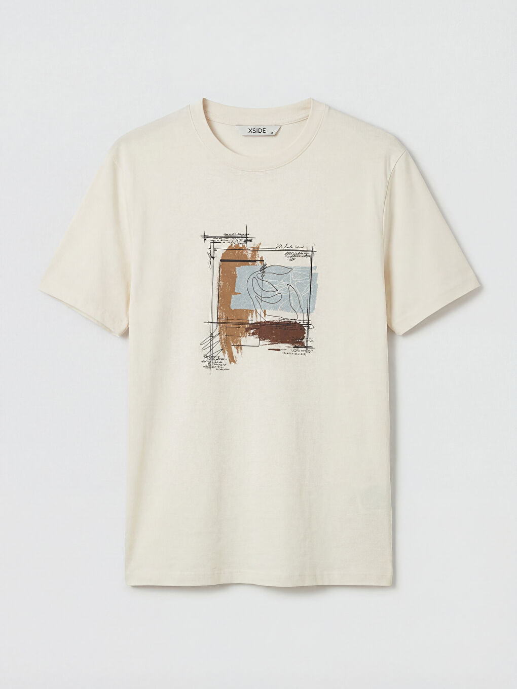 Bej Bisiklet Yaka Baskılı Erkek Penye Tişört-4