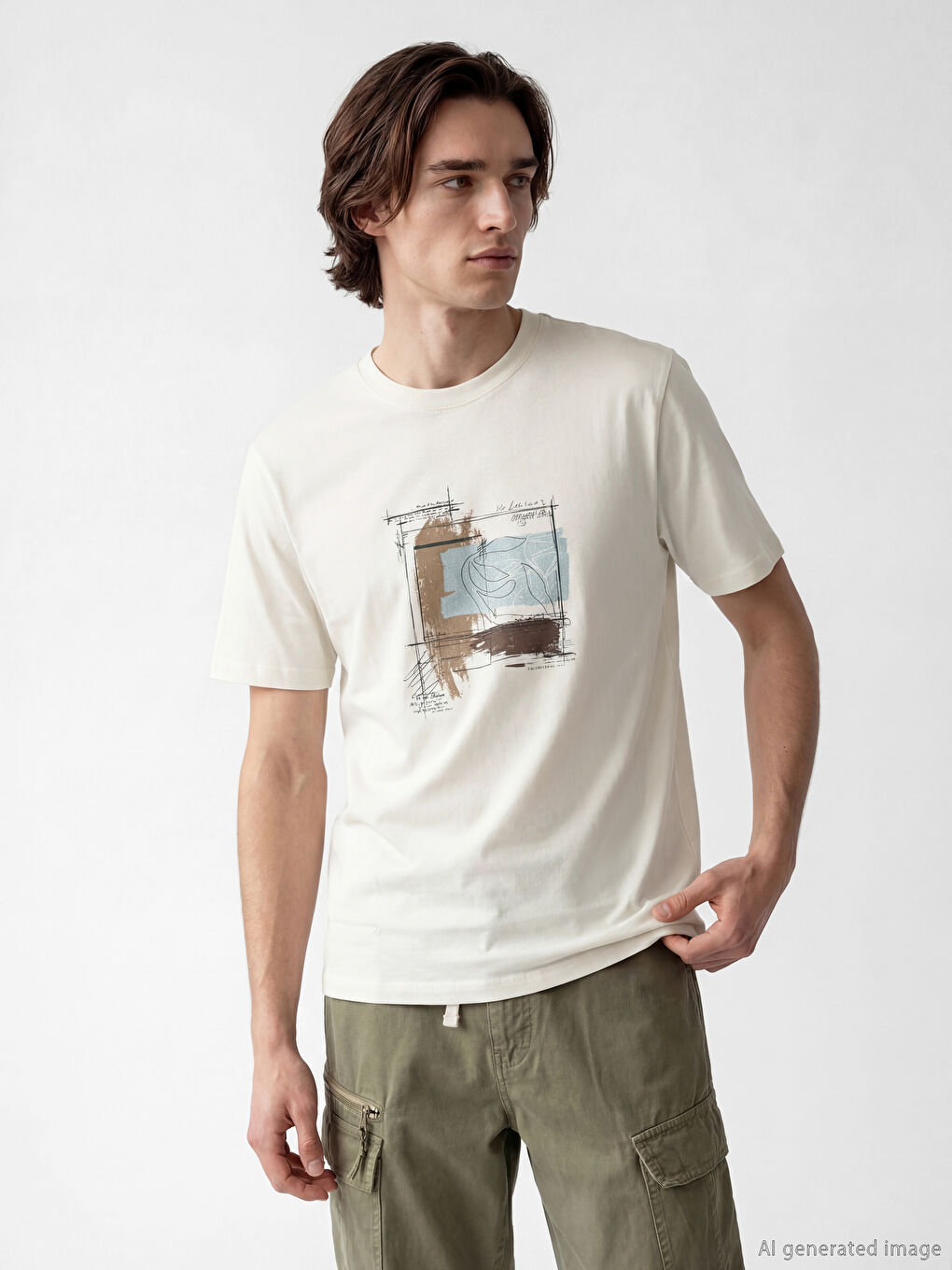 Bej Bisiklet Yaka Baskılı Erkek Penye Tişört