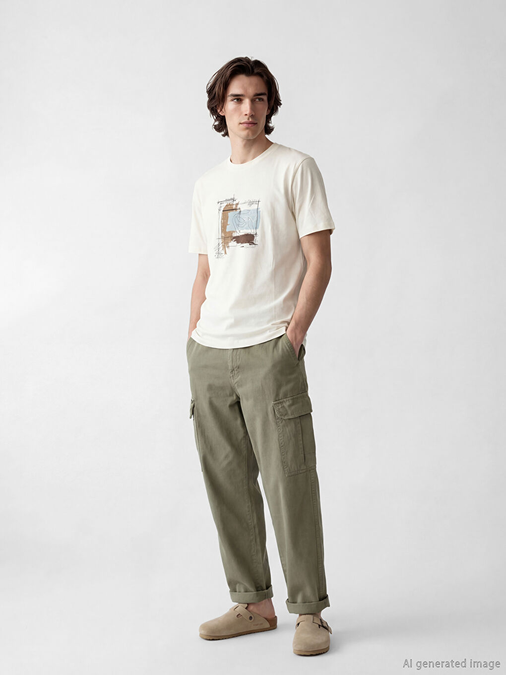 Bej Bisiklet Yaka Baskılı Erkek Penye Tişört-1