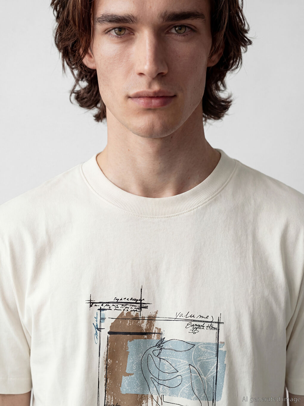 Bej Bisiklet Yaka Baskılı Erkek Penye Tişört-2