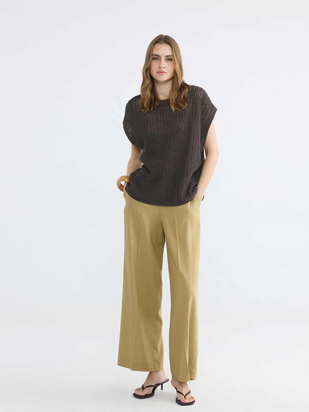 Haki Beli Lastikli Keten Karışımlı Kadın Pantolon