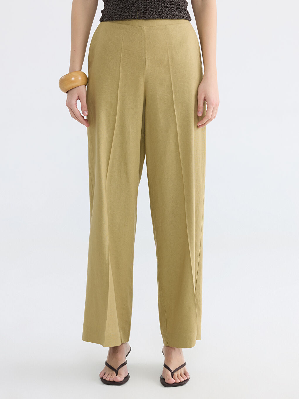 Haki Beli Lastikli Keten Karışımlı Kadın Pantolon-1