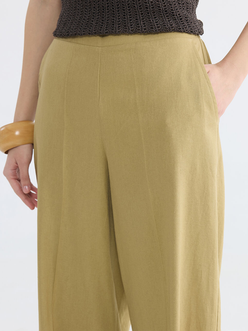 Haki Beli Lastikli Keten Karışımlı Kadın Pantolon-2