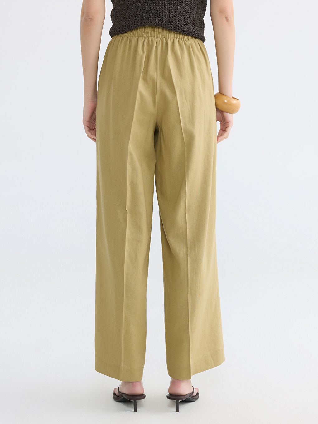 Haki Beli Lastikli Keten Karışımlı Kadın Pantolon-3