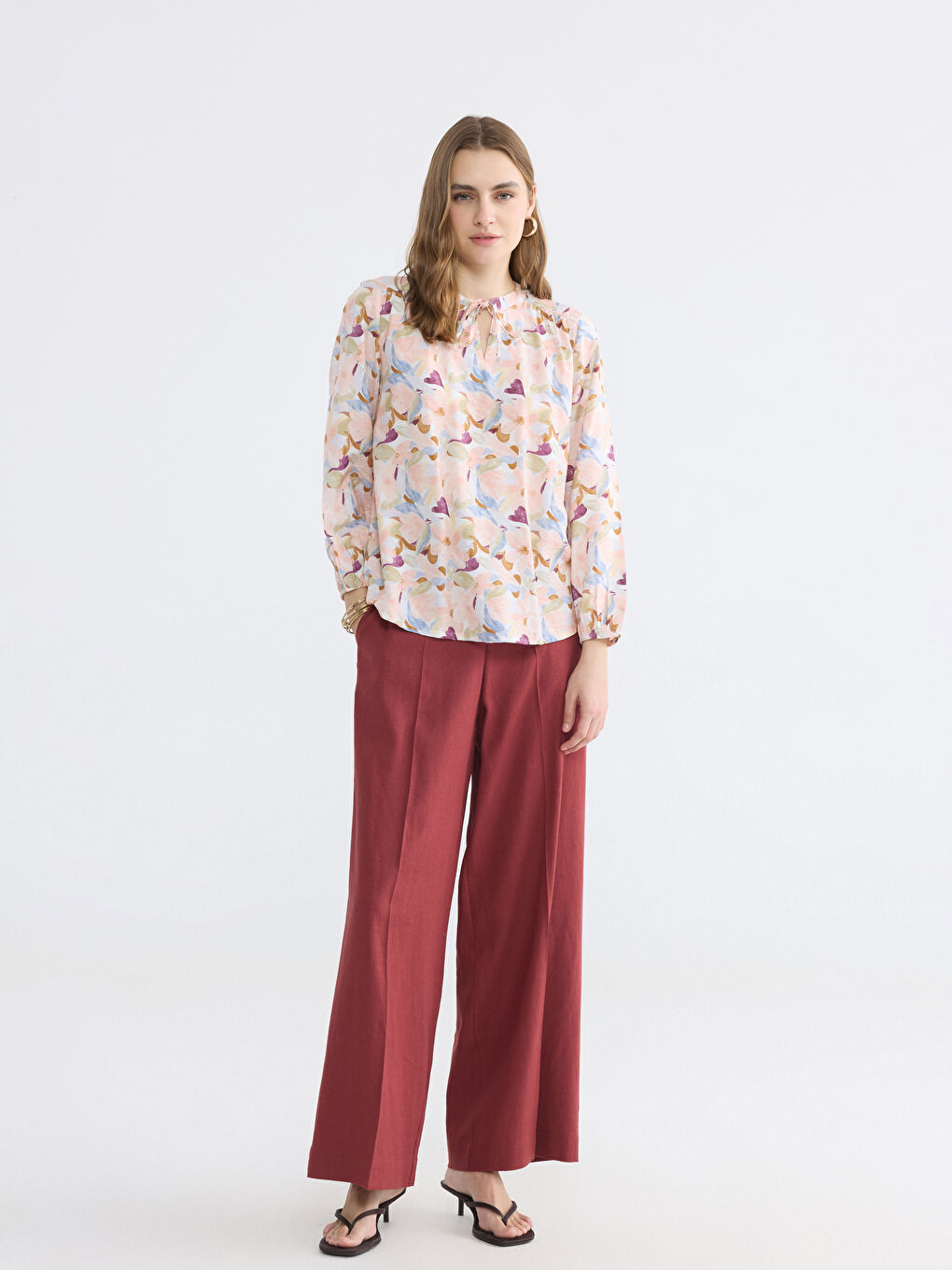 Bordo Beli Lastikli Keten Karışımlı Kadın Pantolon