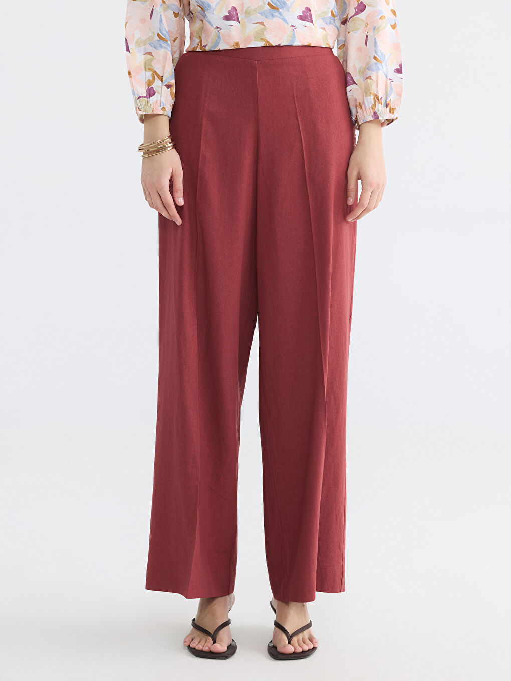 Bordo Beli Lastikli Keten Karışımlı Kadın Pantolon-1